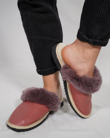 Pink Shiny Fur Leather & Sheepskin Slippers with purple fur on top